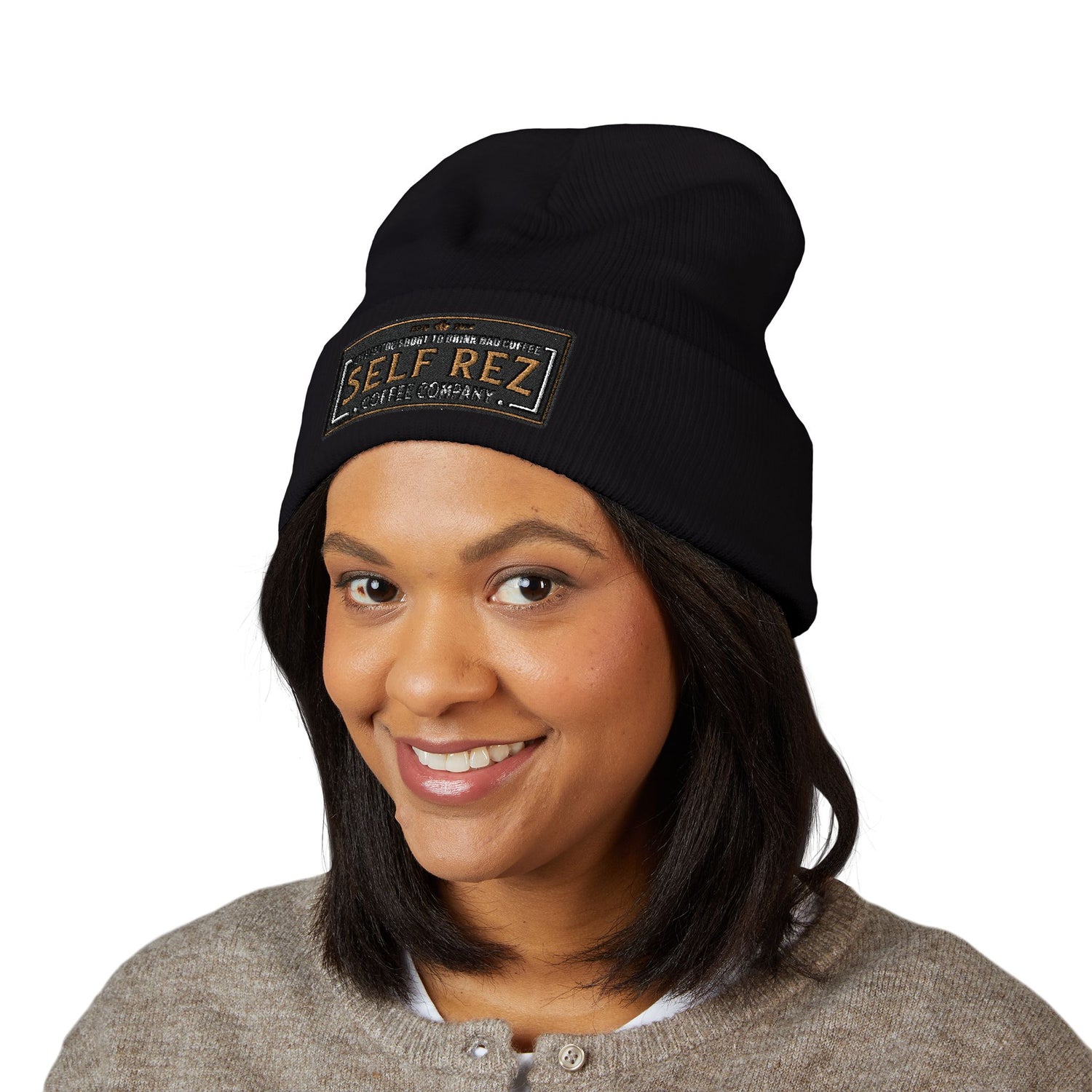 Self Rez Embroidered Cuffed Beanie — Retro Patch Winter Hat