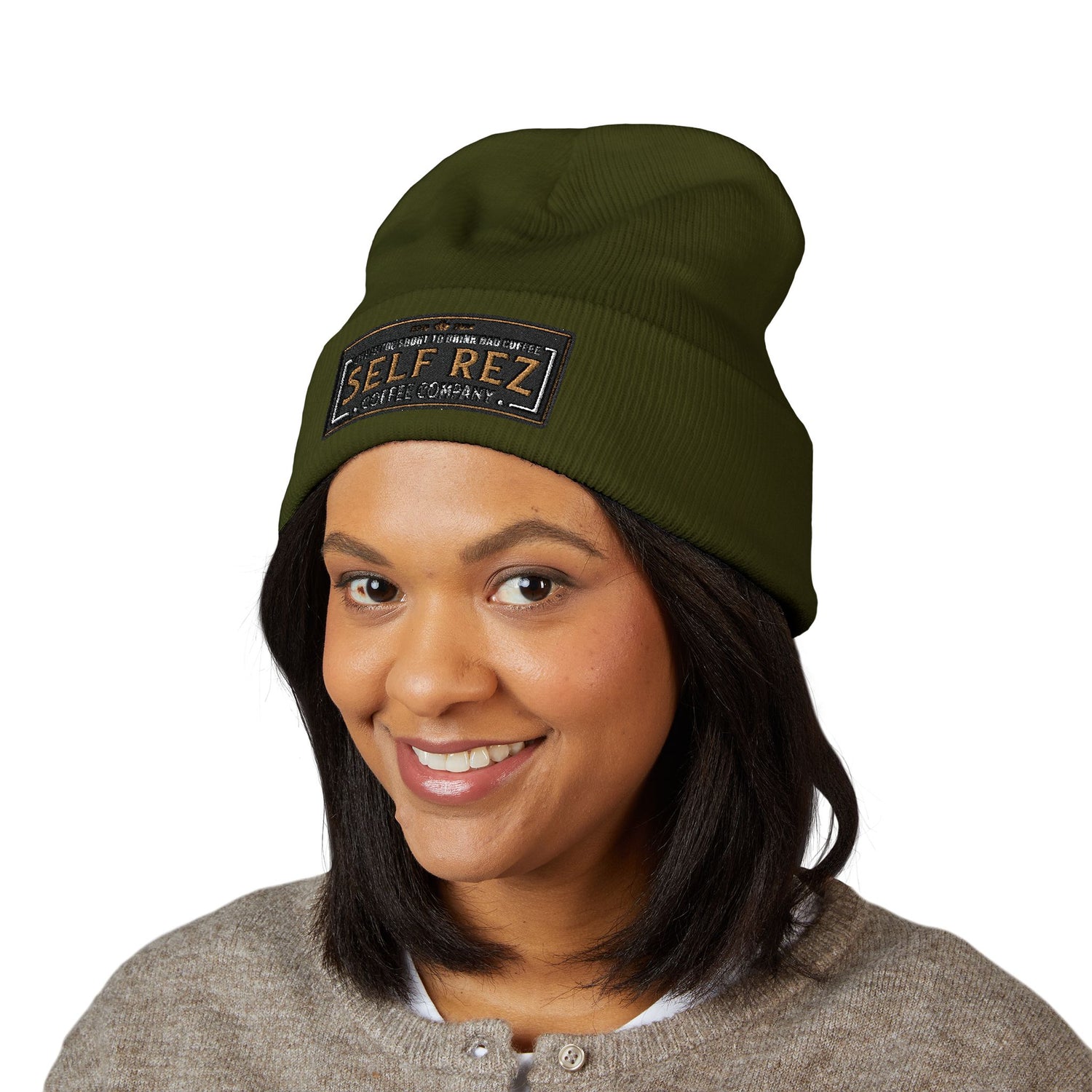 Self Rez Embroidered Cuffed Beanie — Retro Patch Winter Hat