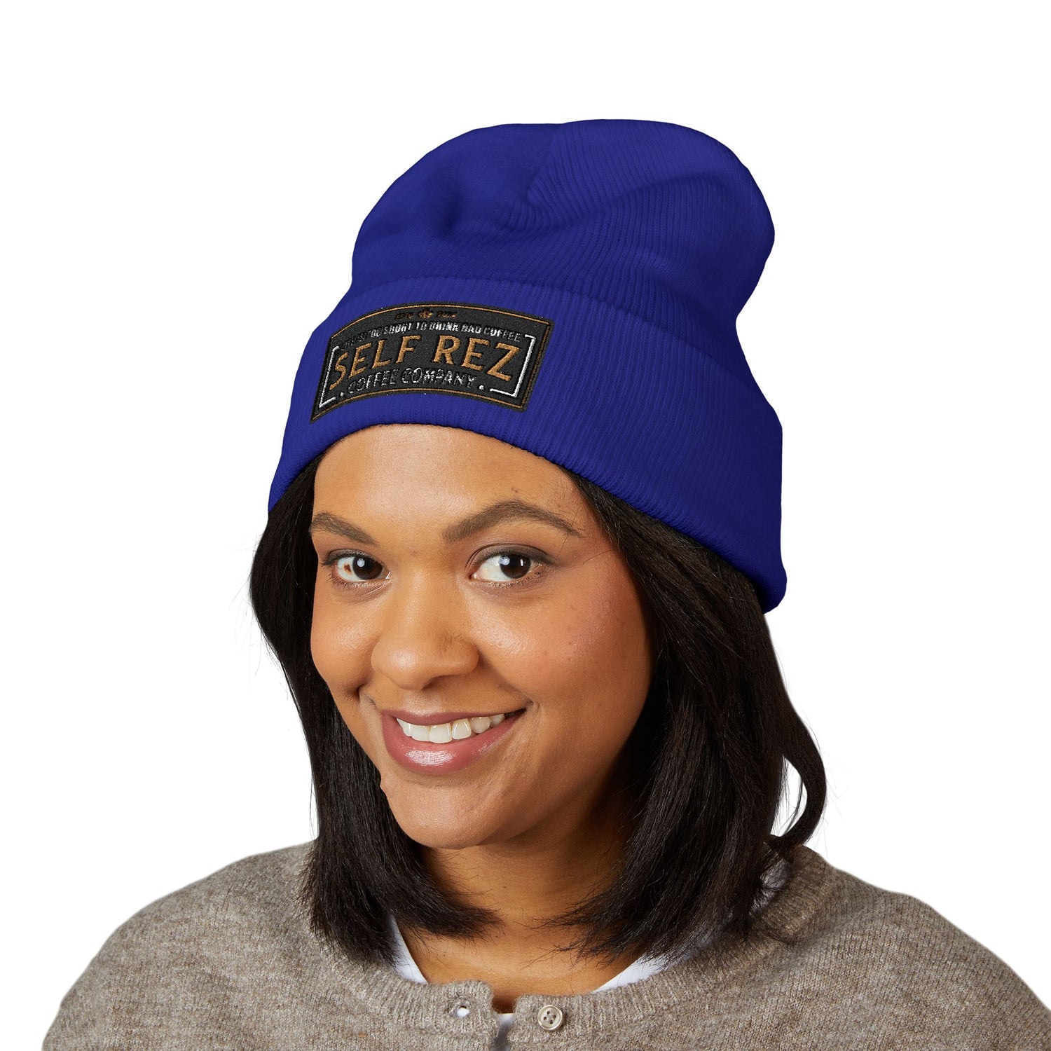 Self Rez Embroidered Cuffed Beanie — Retro Patch Winter Hat
