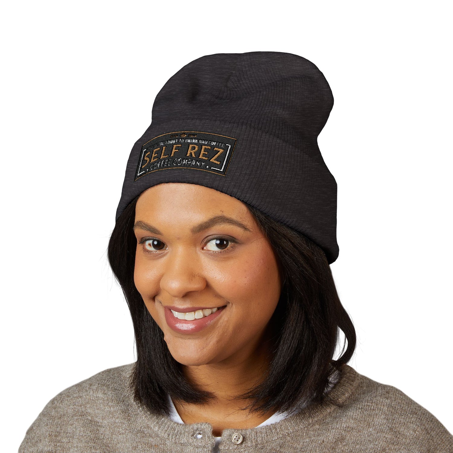 Self Rez Embroidered Cuffed Beanie — Retro Patch Winter Hat